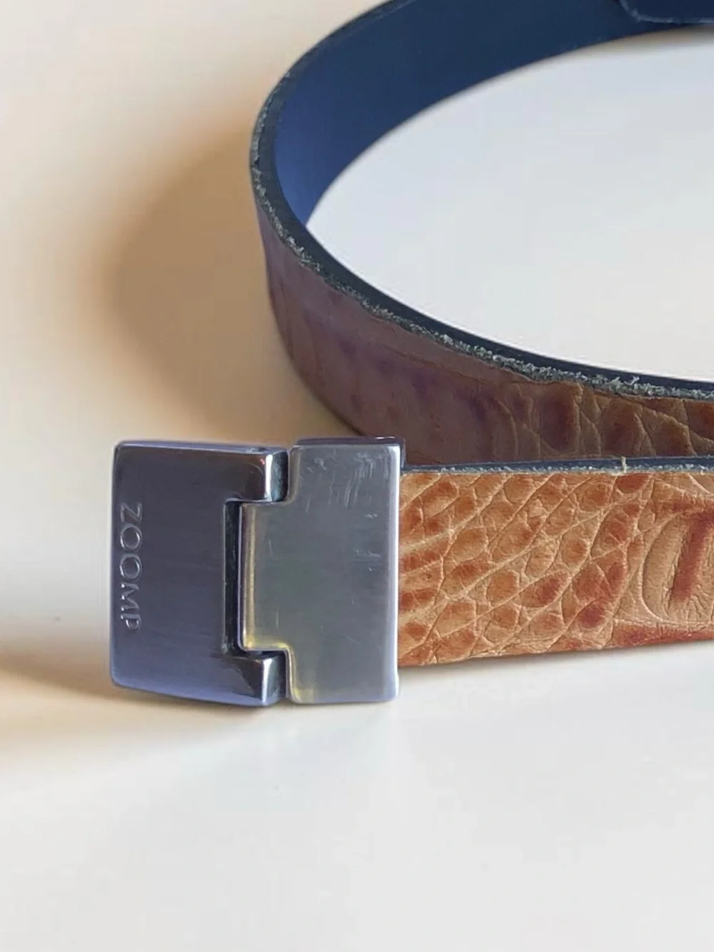 Vintage Leather Belt Embossed Croc Texture Brushed Silver Buckle Tan Cognac 1